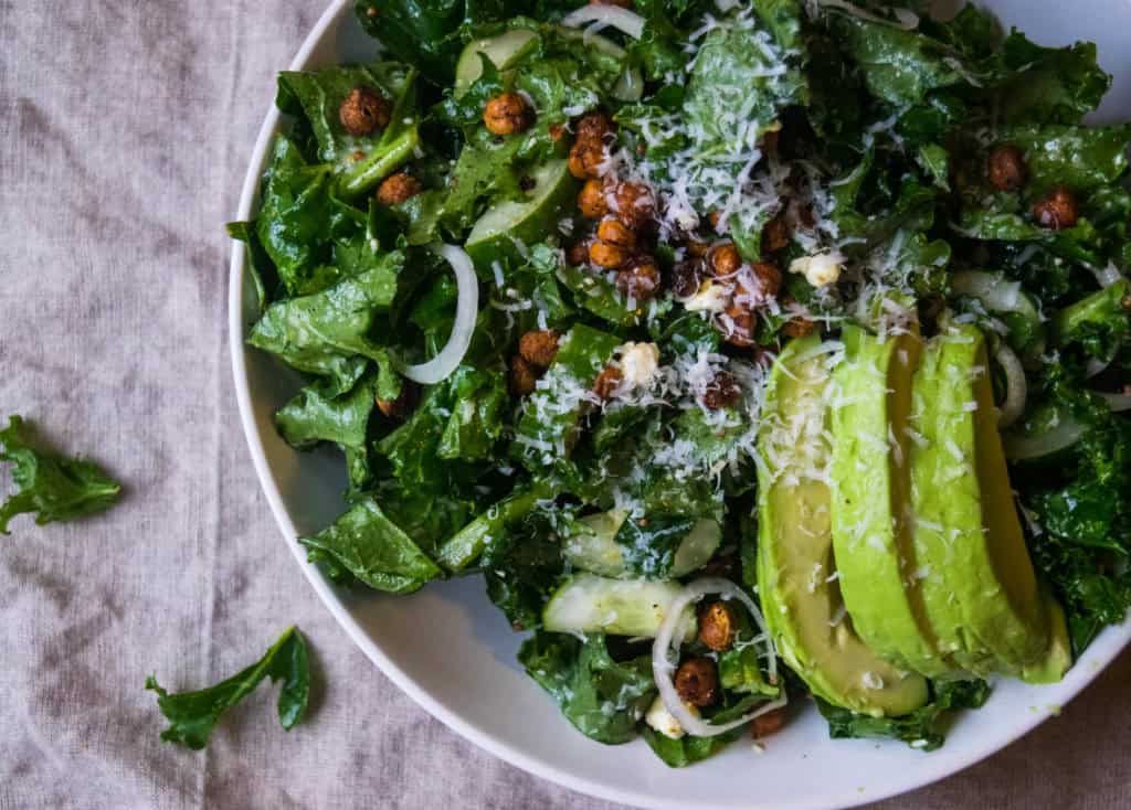 Kale Salad with Toasted Chickpeas, Avocado and LemonMustard