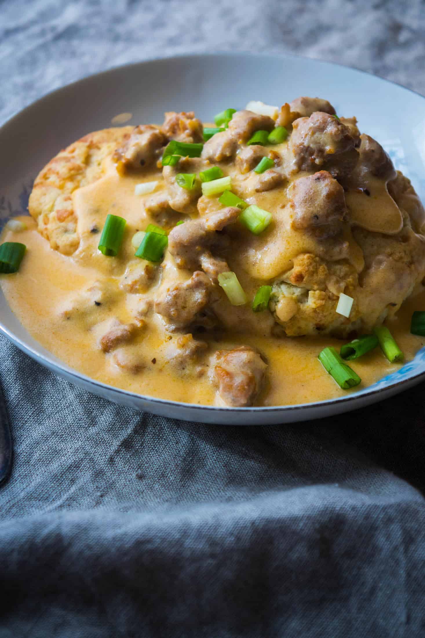 Chorizo Sausage Gravy with Cheddar, Scallion and Smoked Gouda Biscuits