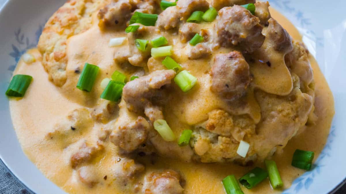 Chorizo Sausage Gravy with Cheddar, Scallion and Smoked Gouda Biscuits