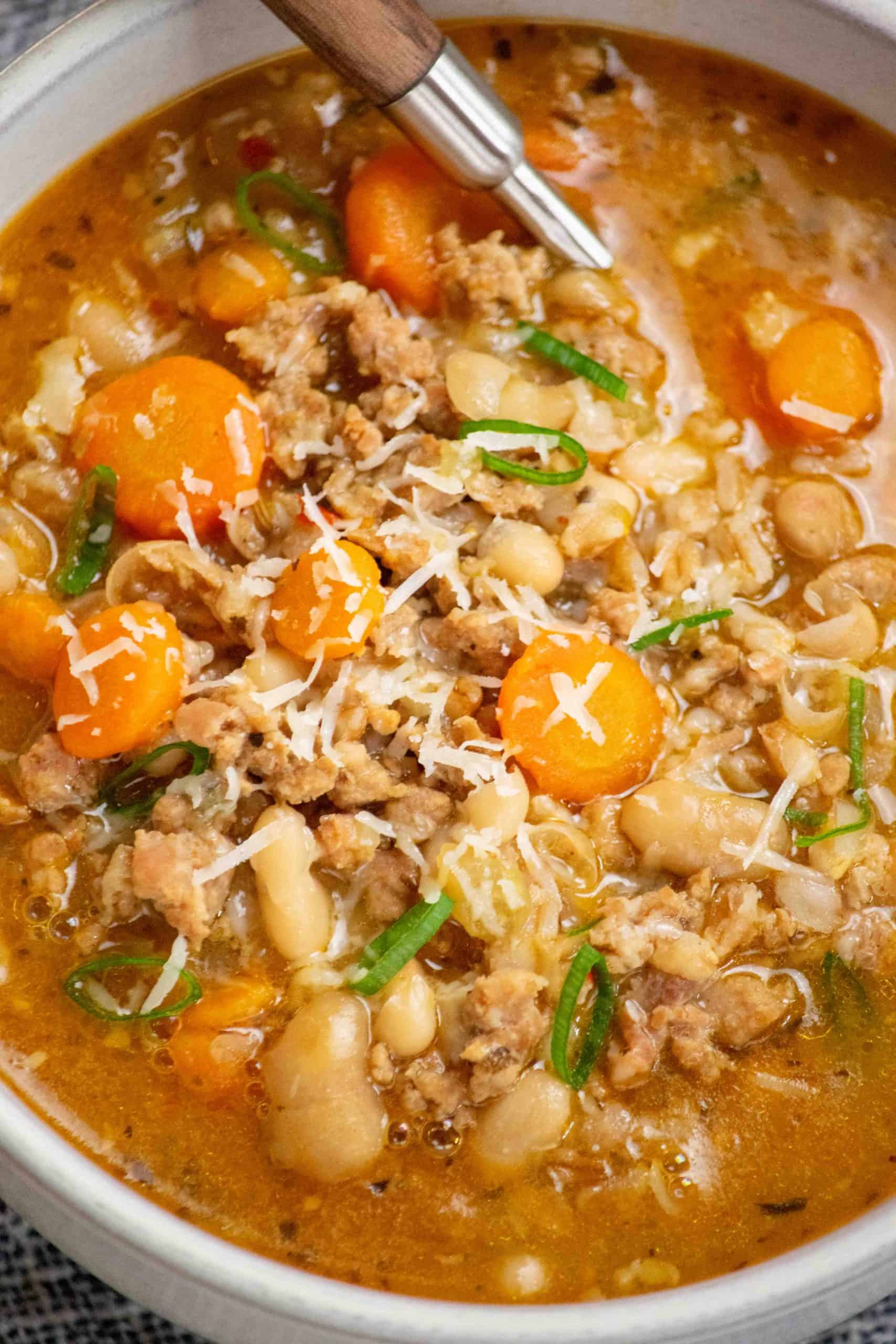 closeup Instant Pot Tuscan White Bean Soup with Sausage and Farro