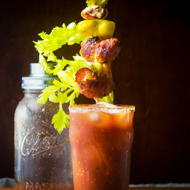 Pickle Bloody Mary with Old Bay Salt, Deviled Quail Eggs and Bacon
