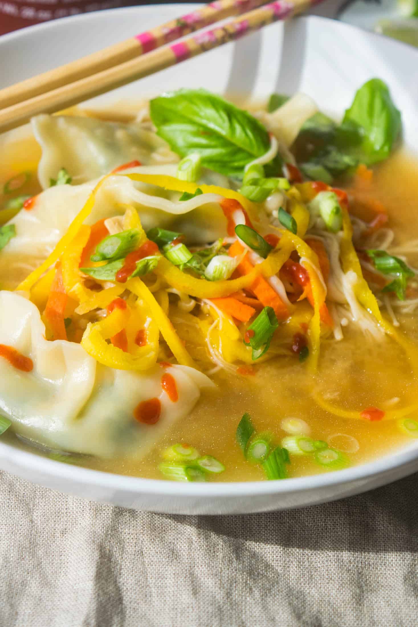 Vegan Dumpling Soup with Carrot Noodles and Enoki Mushrooms Jawns I
