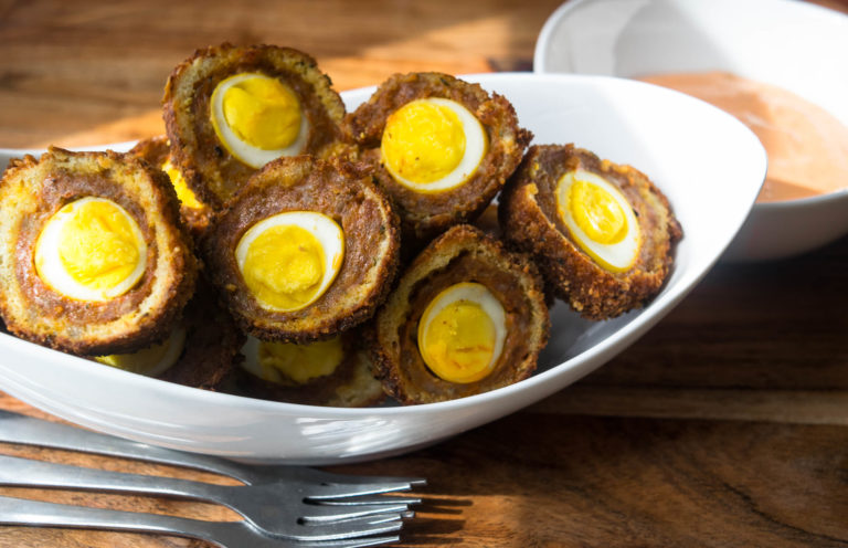 Scotch Quail Eggs with Harissa Cream Sauce - Jawns I Cooked