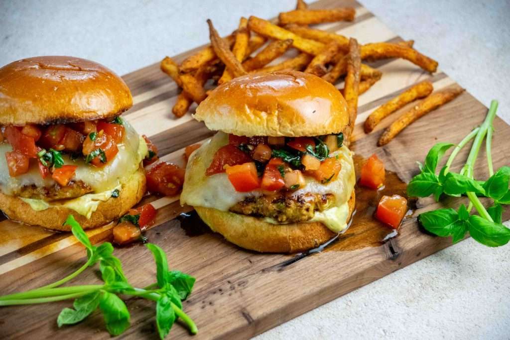 Juicy Chicken Burgers with Pesto Mayo and Bruschetta Jawns I Cooked