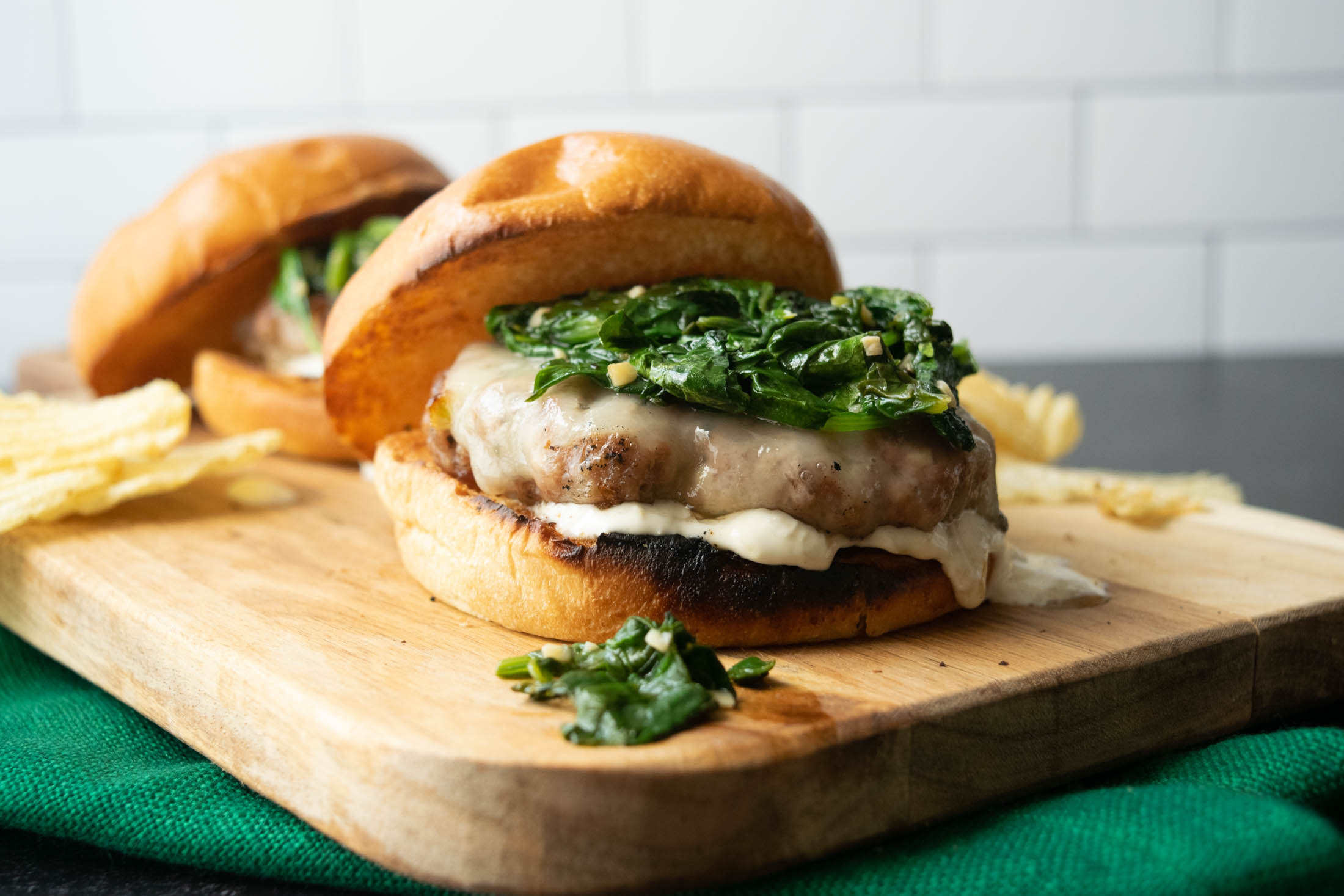 South Philly Pork Burgers with garlic spinach and Pepperoncini mayo