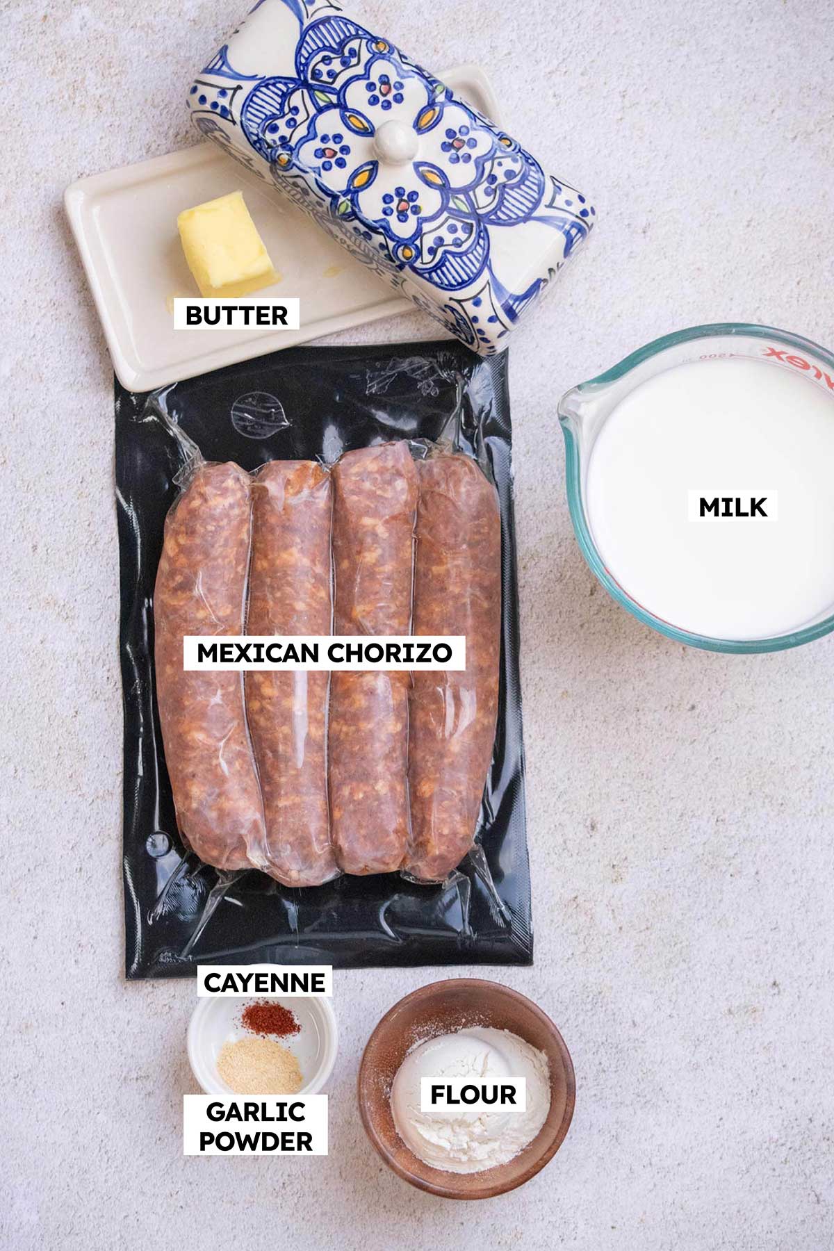 Chorizo breakfast gravy ingredients on a table. 