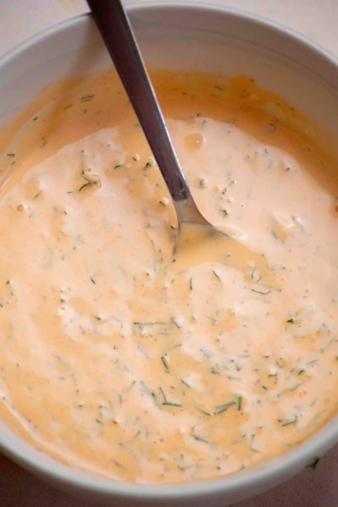 Prep Sriracha Dill Sauce and refrigerate at least 1 hour