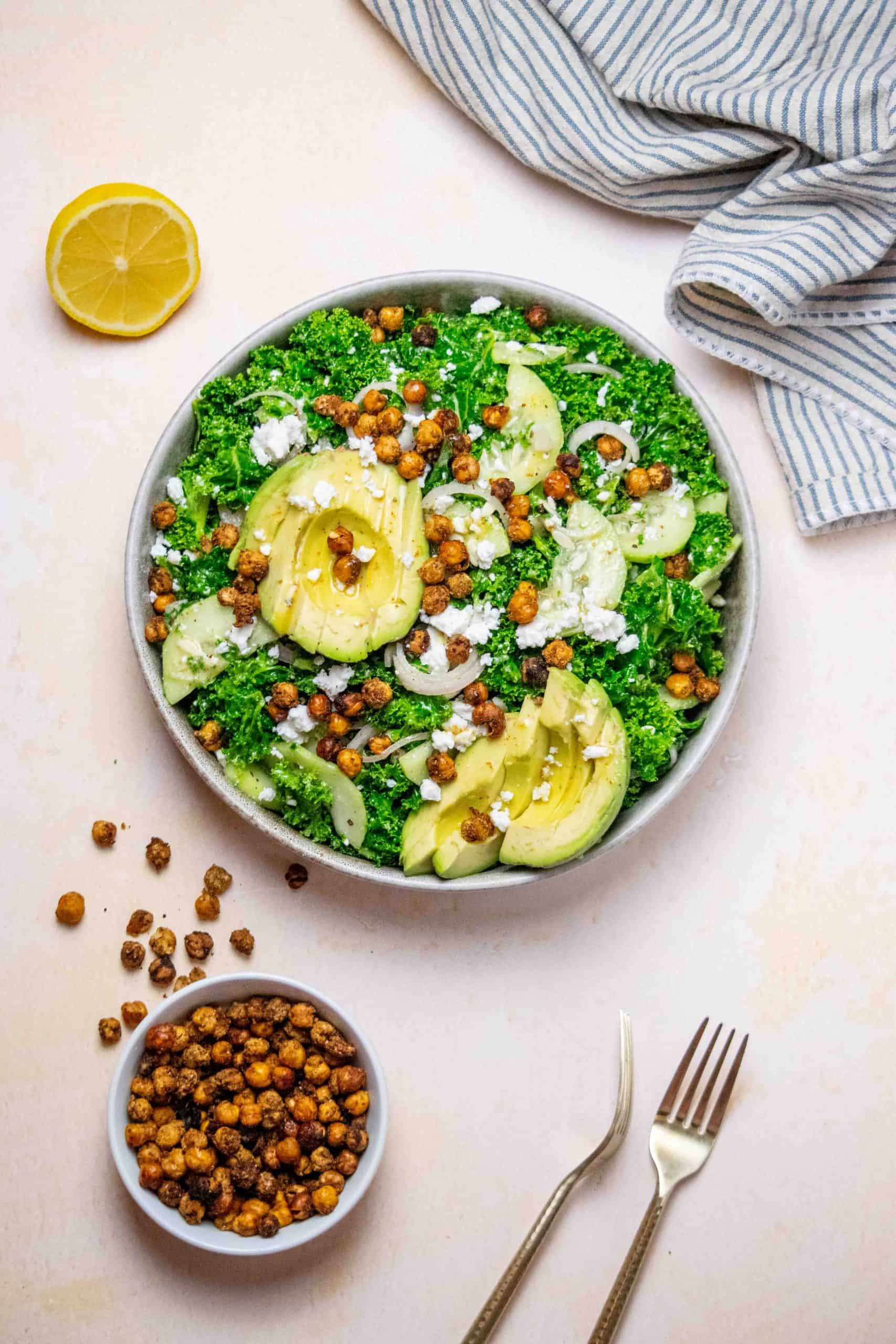 Kale Salad with Chickpeas, Avocado and Feta