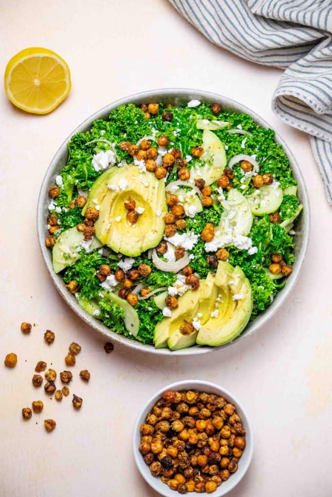 top with sliced avocado an crispy chickpeas an serve