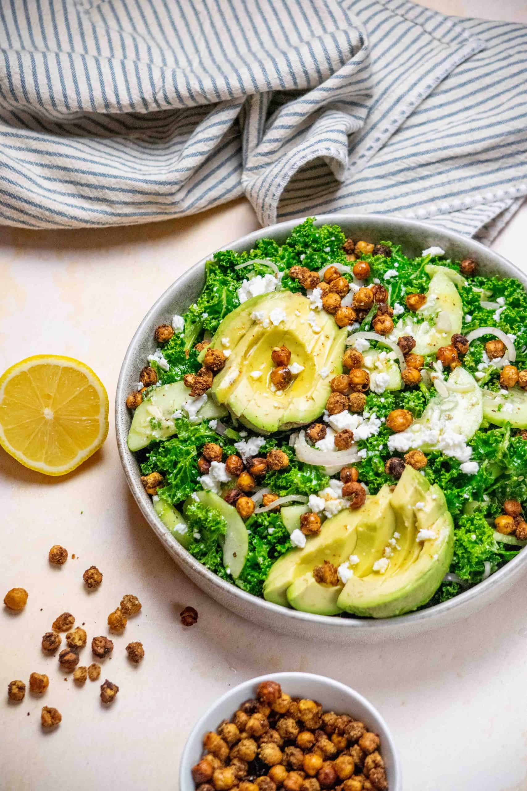 Kale Salad with Chickpeas, Avocado and Feta