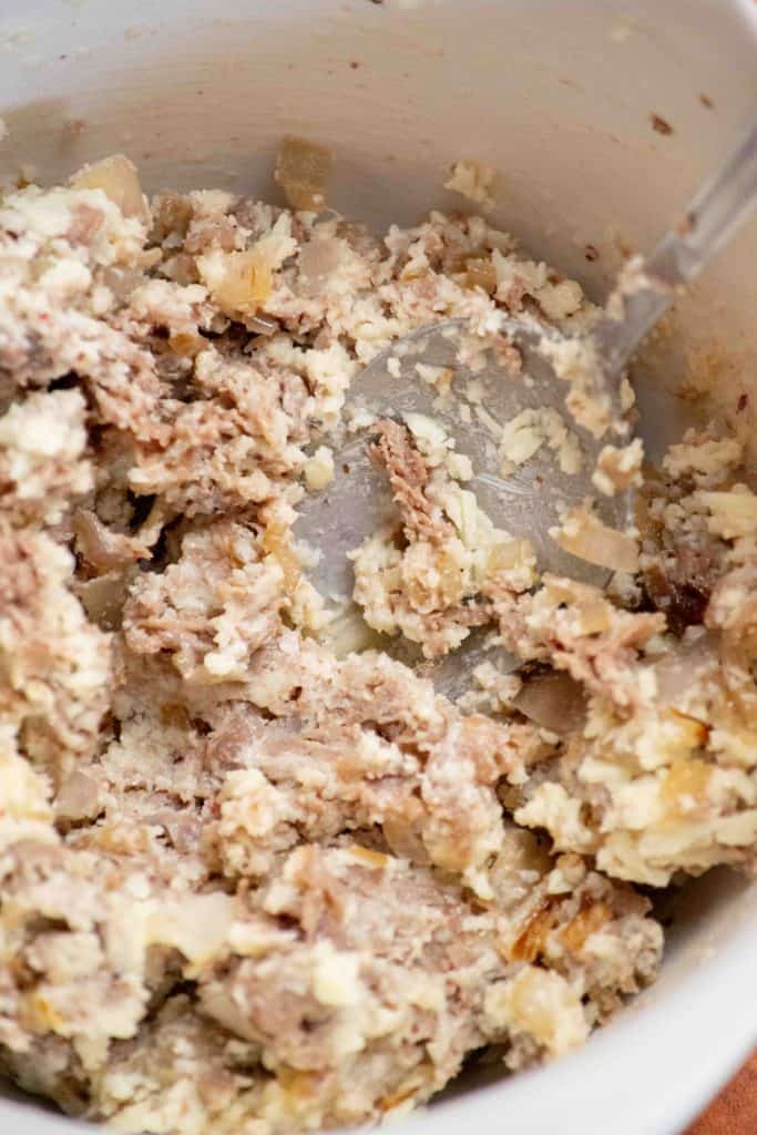 mix steak, onions and chopped cheese 