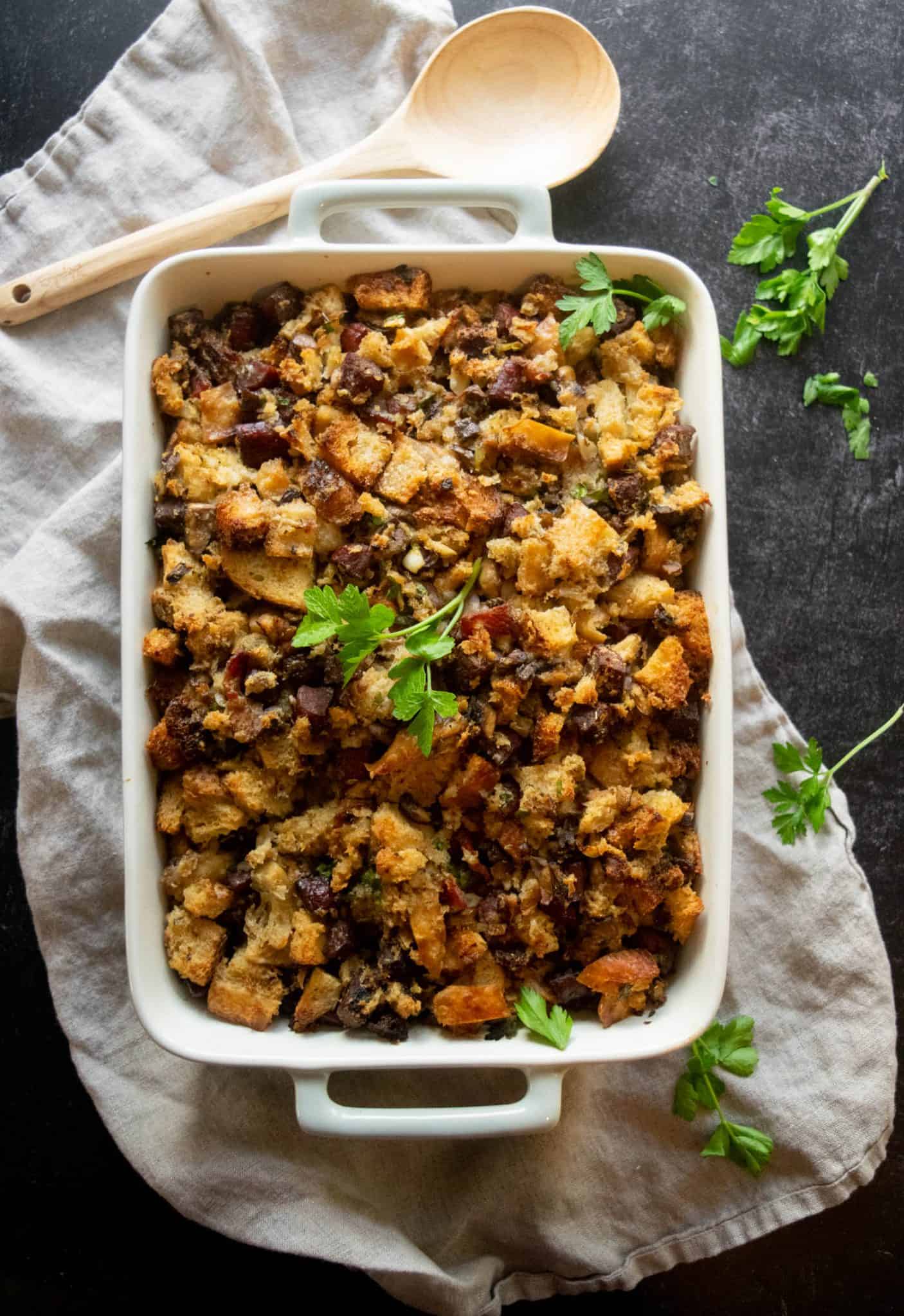 Sourdough Stuffing with Kielbasa and Bacon Jawns I Cooked