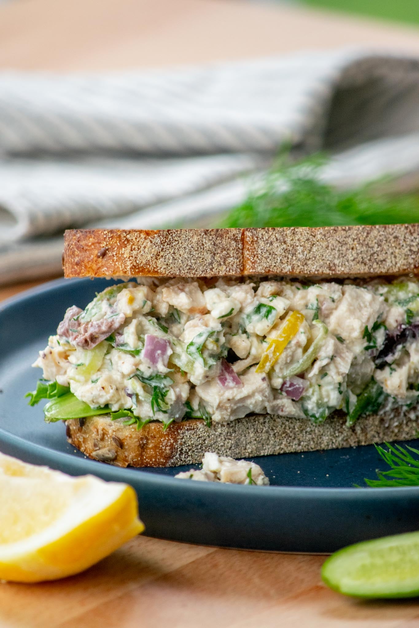 Greek Yogurt Chicken Salad sandwich on a plate.