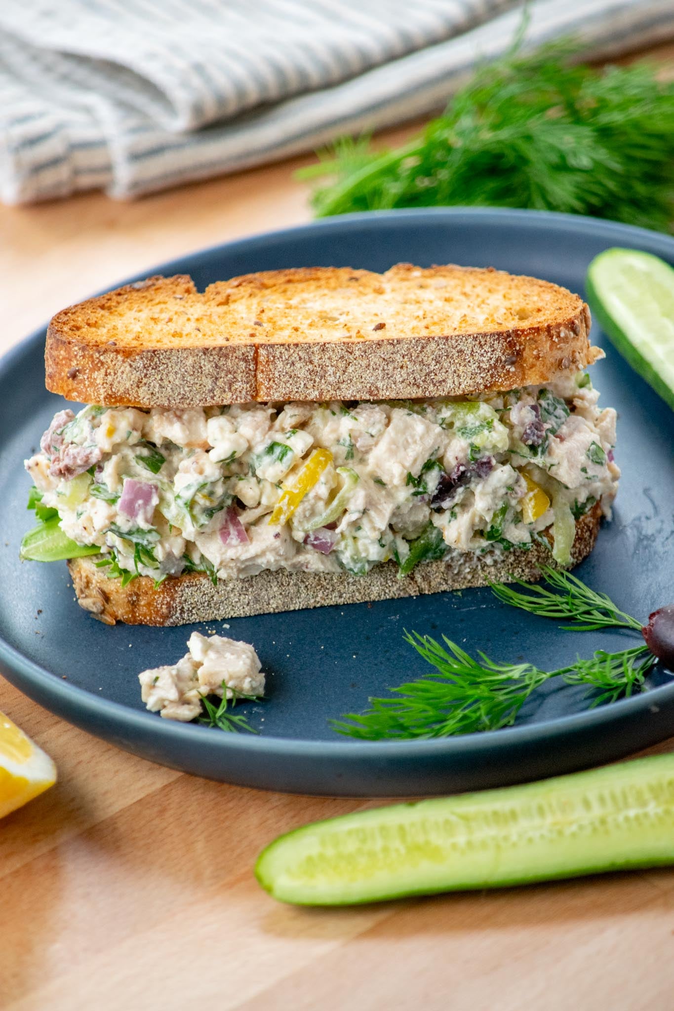 Greek Yogurt Chicken Salad on toasted wheat bread.