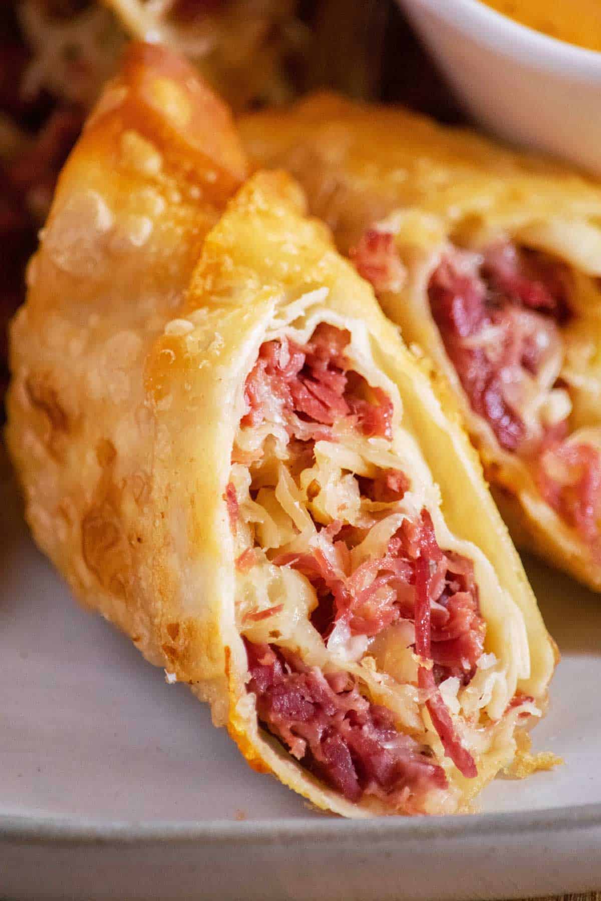 Easy Reuben Egg Rolls with Bacon Beer Sauerkraut