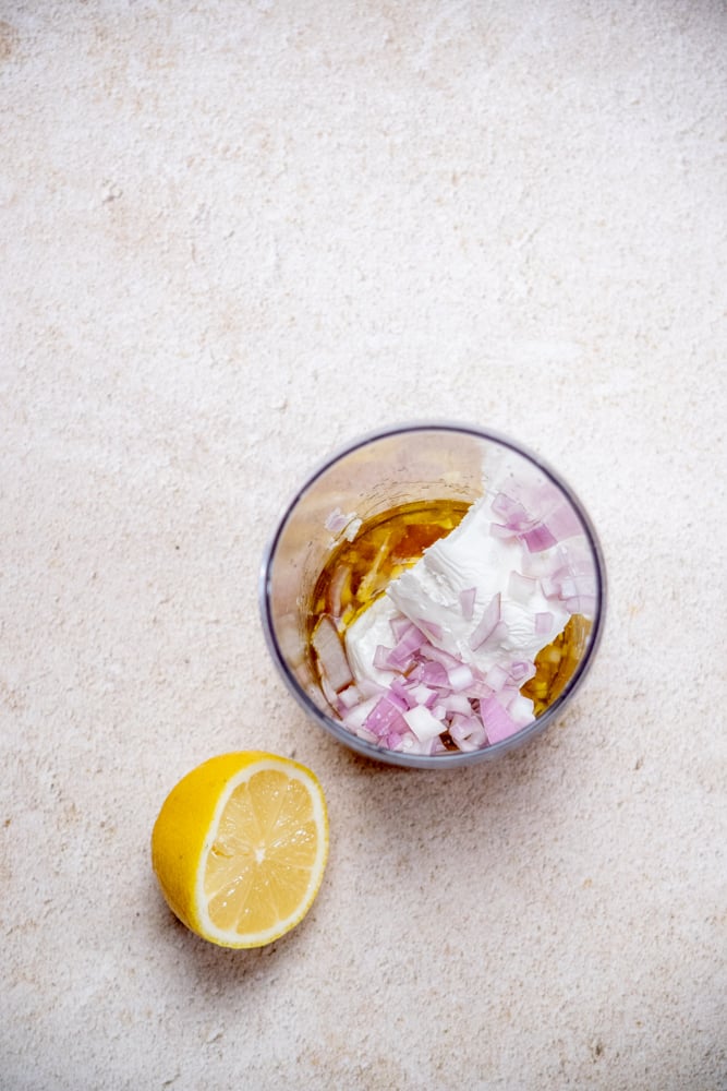 prep your dressing ingredients and add to a hand blender cup or blender