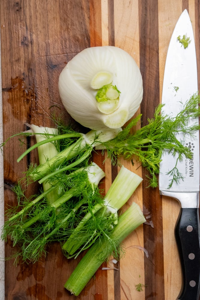 remove the stalks and fronds from the fennel bulb, and reserve fronds for garnish