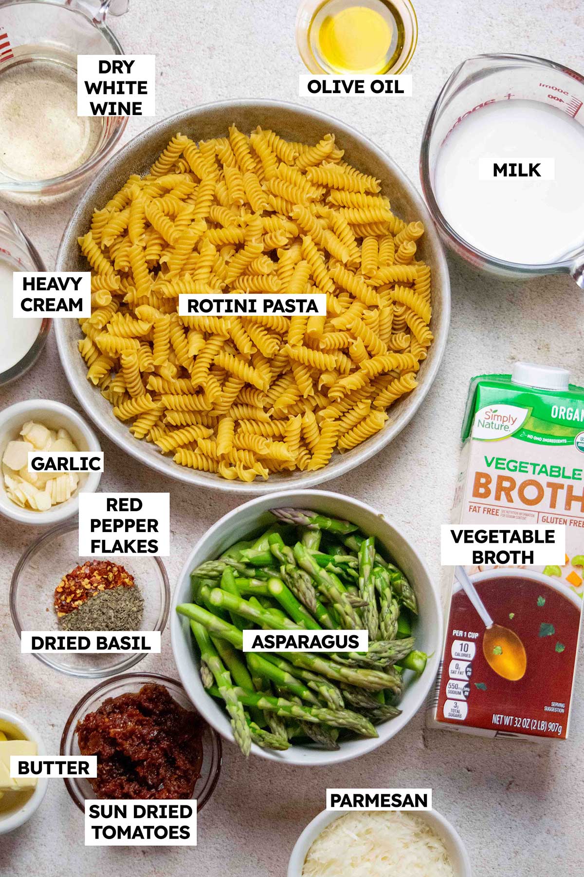 Ingredients to make skillet asparagus and pasta.