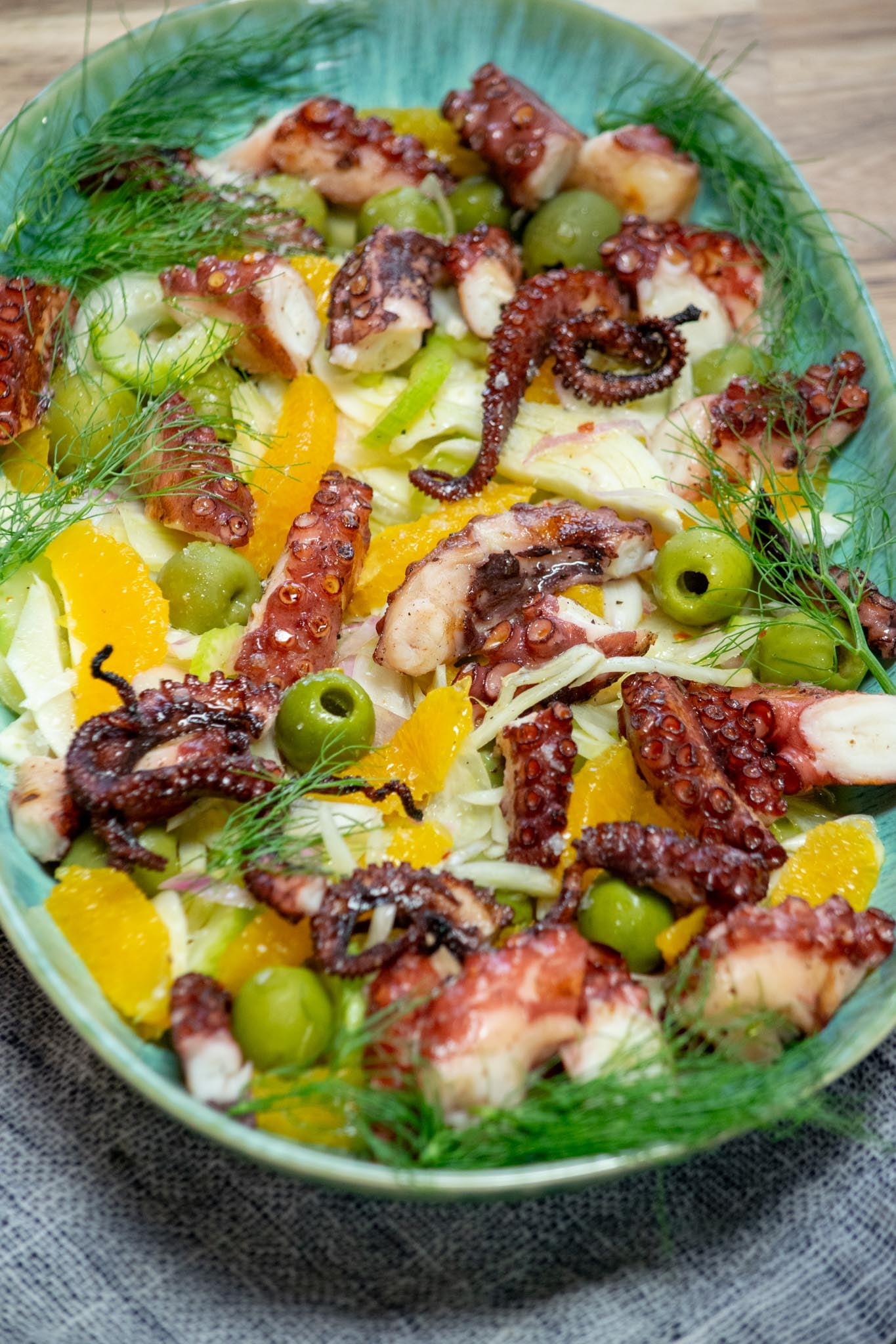 Octopus salad on a pretty platter ready to serve,