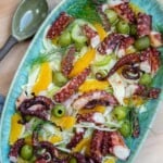 Octopus Salad Recipe with Grilled Octopus, Fennel & Olives, plated with fennel fronds.