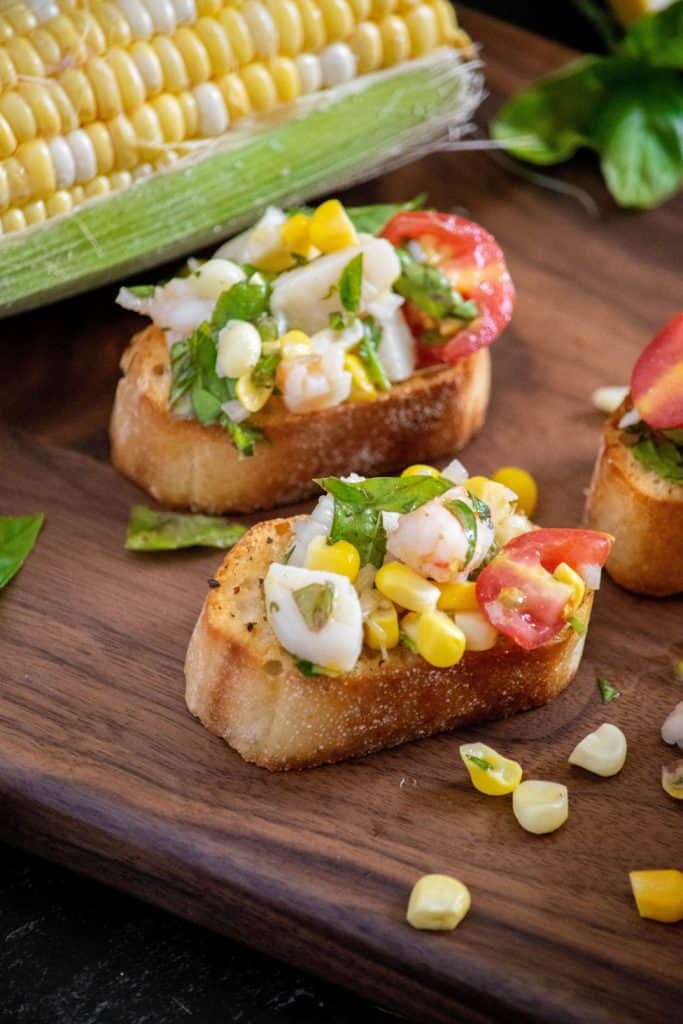 Seafood Bruschetta with Corn, Scallops and Shrimp