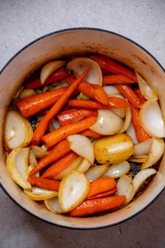 You don't want to cook the veggies, you just want to give them a bit of browning. 