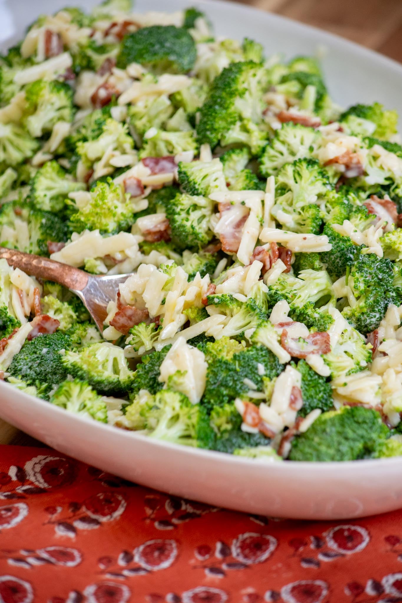 Closeup view of bacon broccoli salad. 