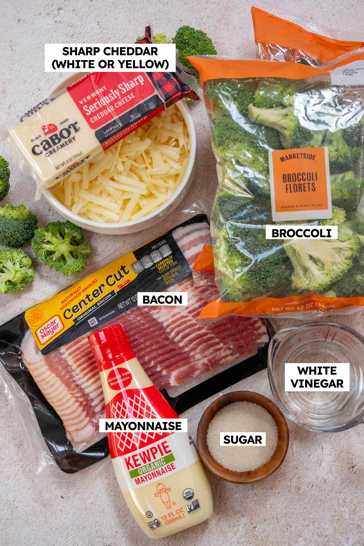 Bacon Broccoli Salad Ingredients- broccoli, bacon, cheddar. vinegar, mayo, sugar. 