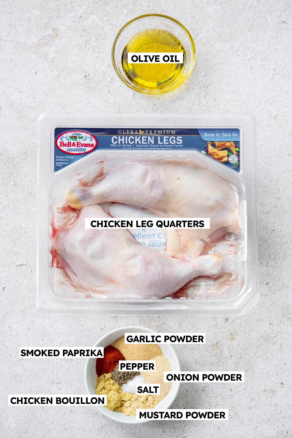 Air Fryer Chicken Leg Quarters ingredients- olive oil, chicken quarters, dry spices. 