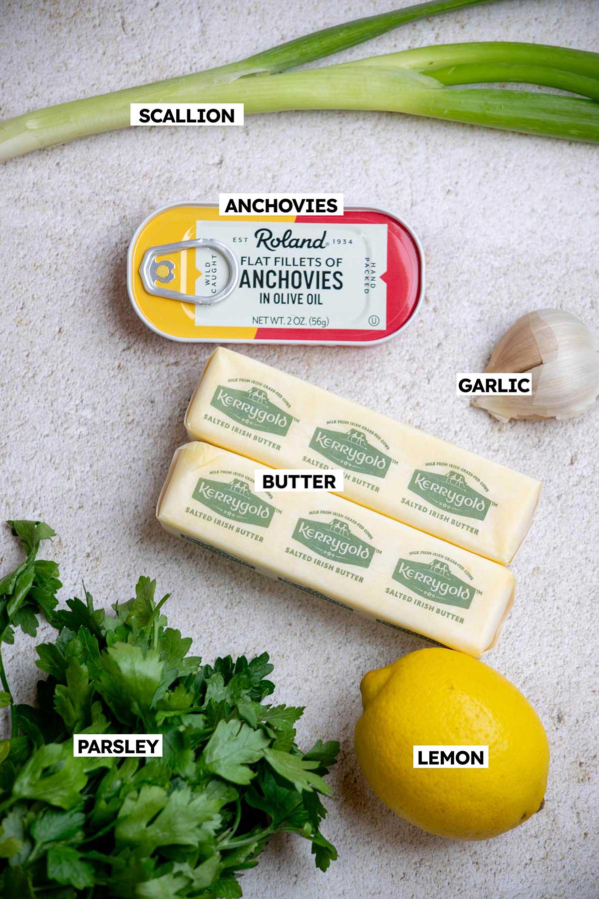 Anchovy Butter ingredients: butter, anchovies, parsley, garlic, lemon, scallion.