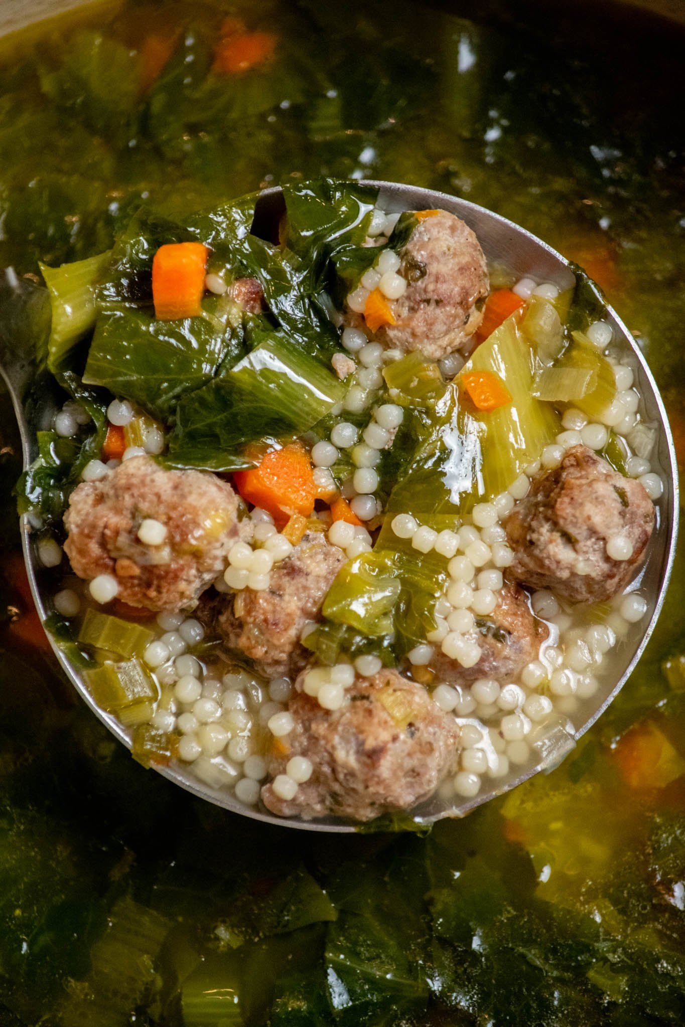 Italian Wedding Soup with Leeks in pot