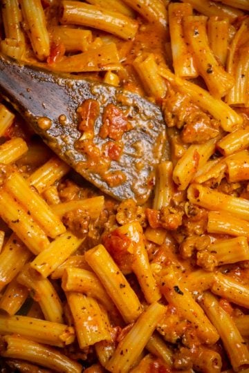 stir in pasta, pasta water, and parmesan