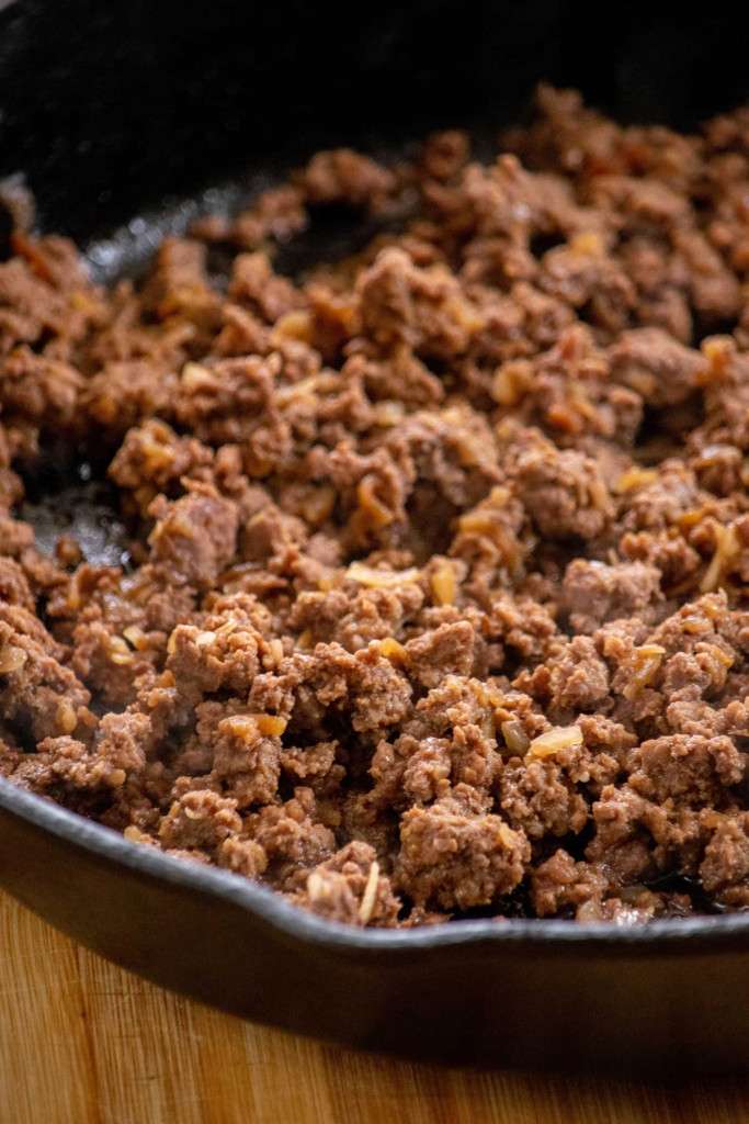 season the beef, cook, and add the Worcestershire sauce