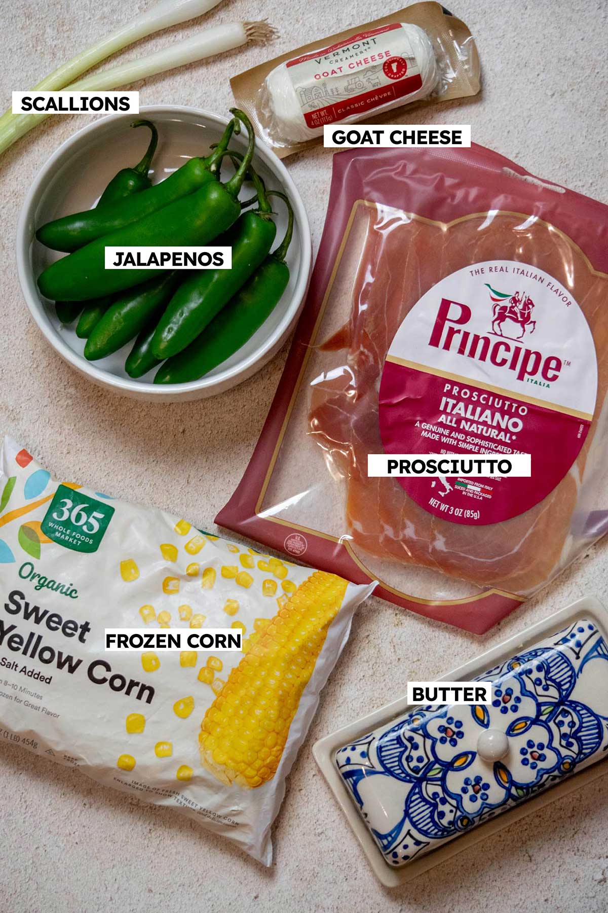 Goat Cheese Jalapeño Poppers with Prosciutto and Sweet Corn Ingredients- corn, goat cheese, prosciutto, butter, jalapenos, scallions.