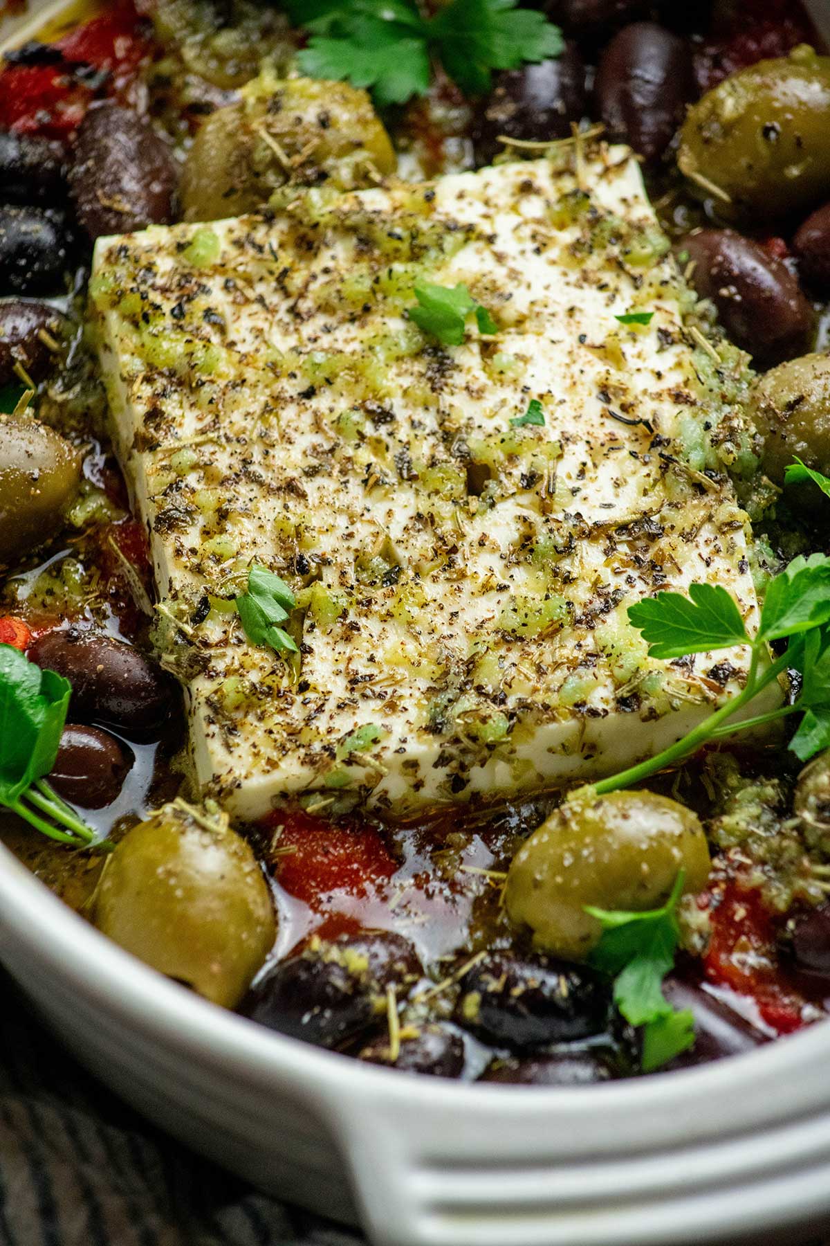 Baked Feta recipe closeup after baking.