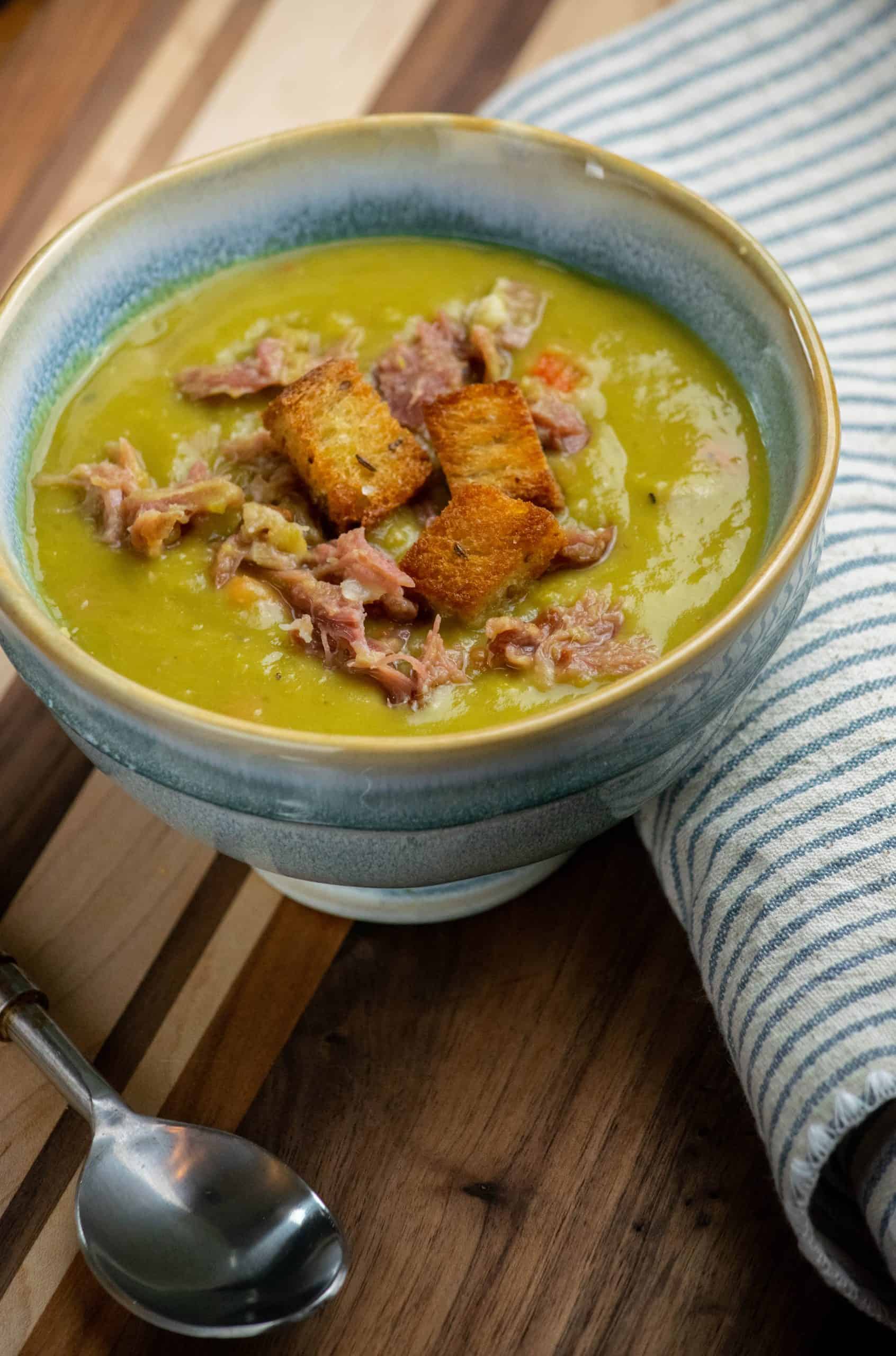 Split Pea and Ham Soup Recipe (with smoked ham hock) in bowl