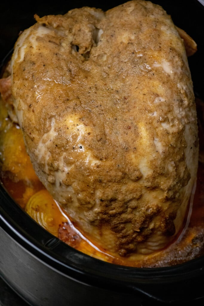 cover and cook on low for 6-7 hours, or until a Digital read thermometer reads 165 degrees f when inserted in the thickest part of the breast.
