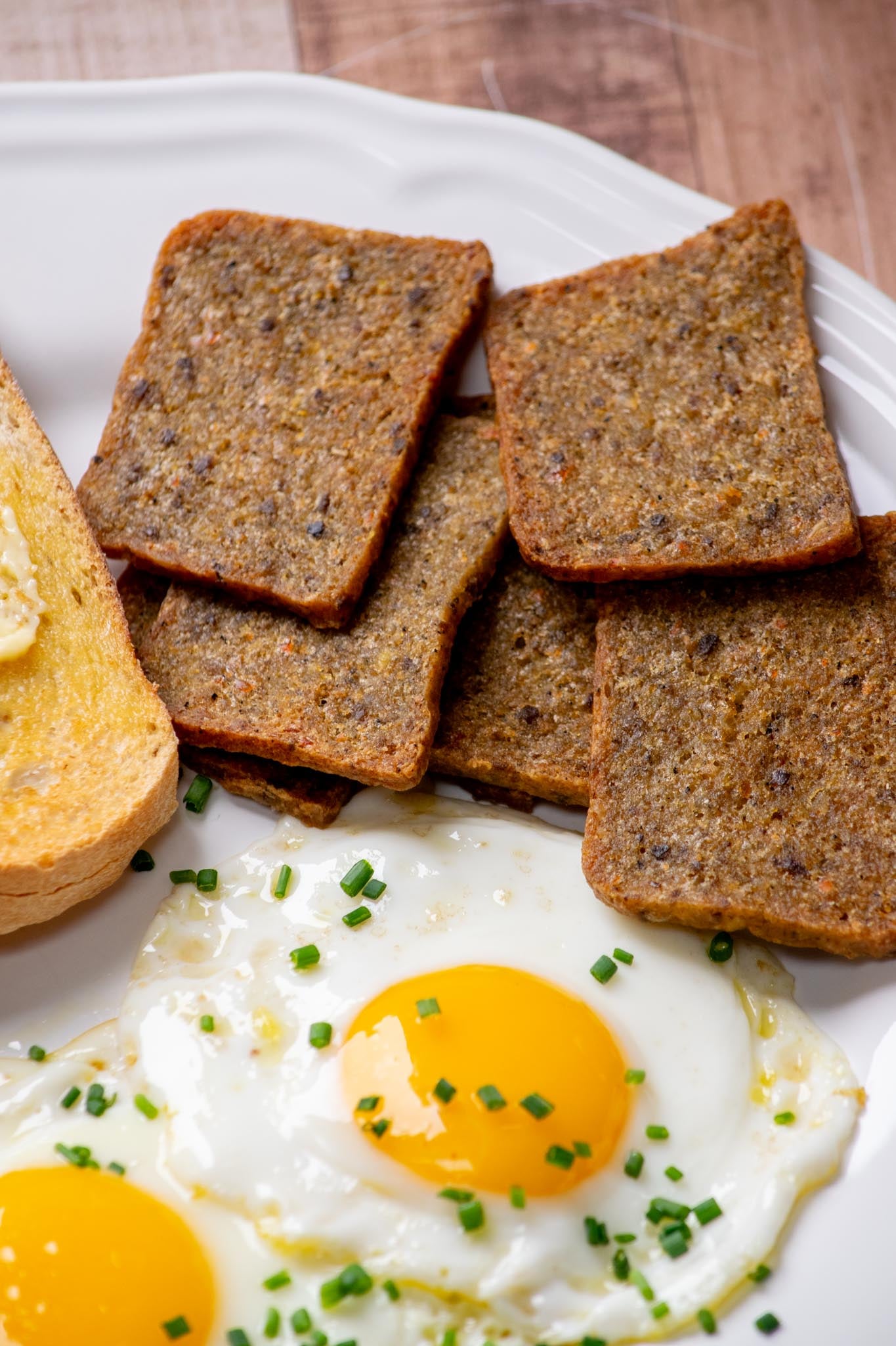 Air fryer scrapple and eggs.