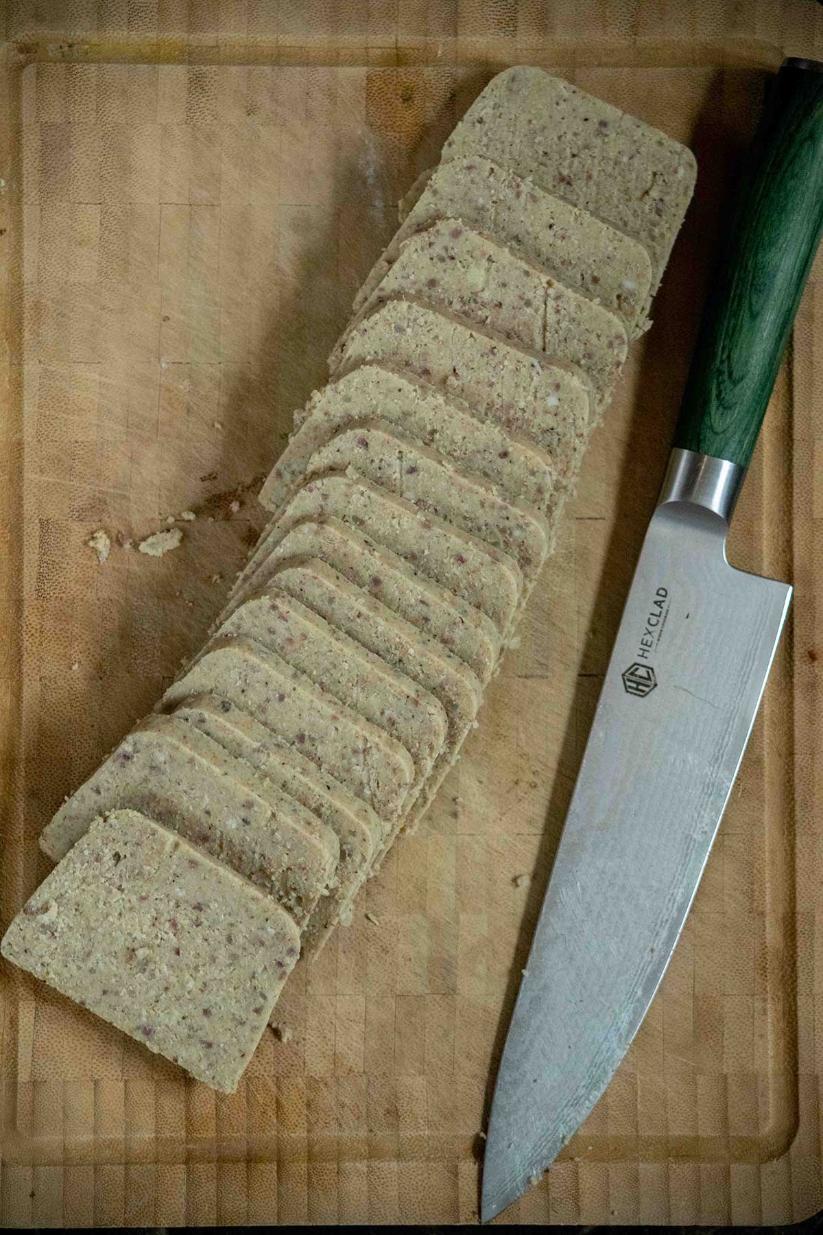 Slice the scrapple into thin slices, keeping them the same thickness so they cook evenly. I go for about ¼"- ½" thick slices.