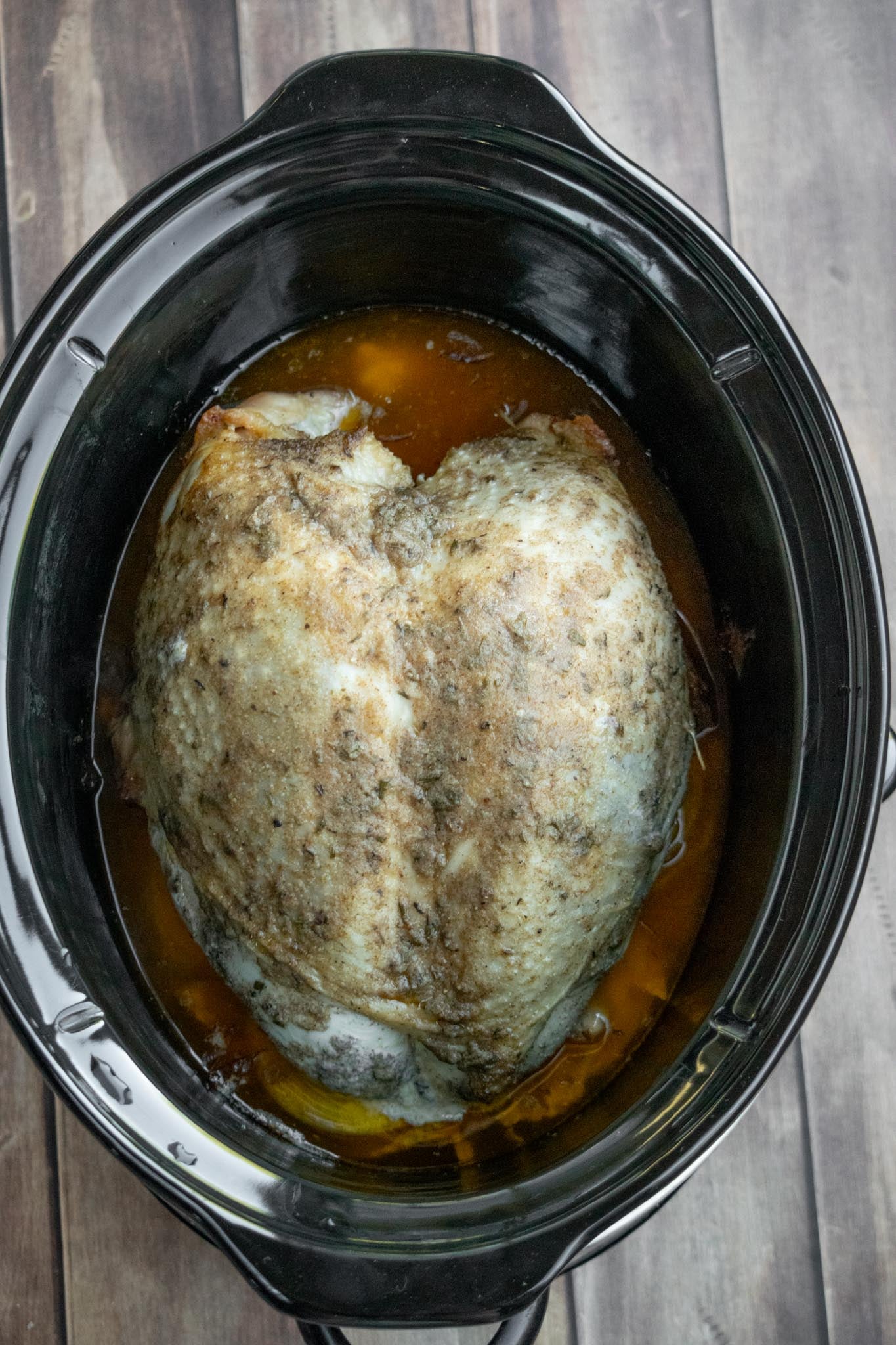 Slow cook. Cover and cook on LOW for approximately 4 hours, until the thickest part of the turkey breast reaches 165°F. Start checking around 3½ hours.