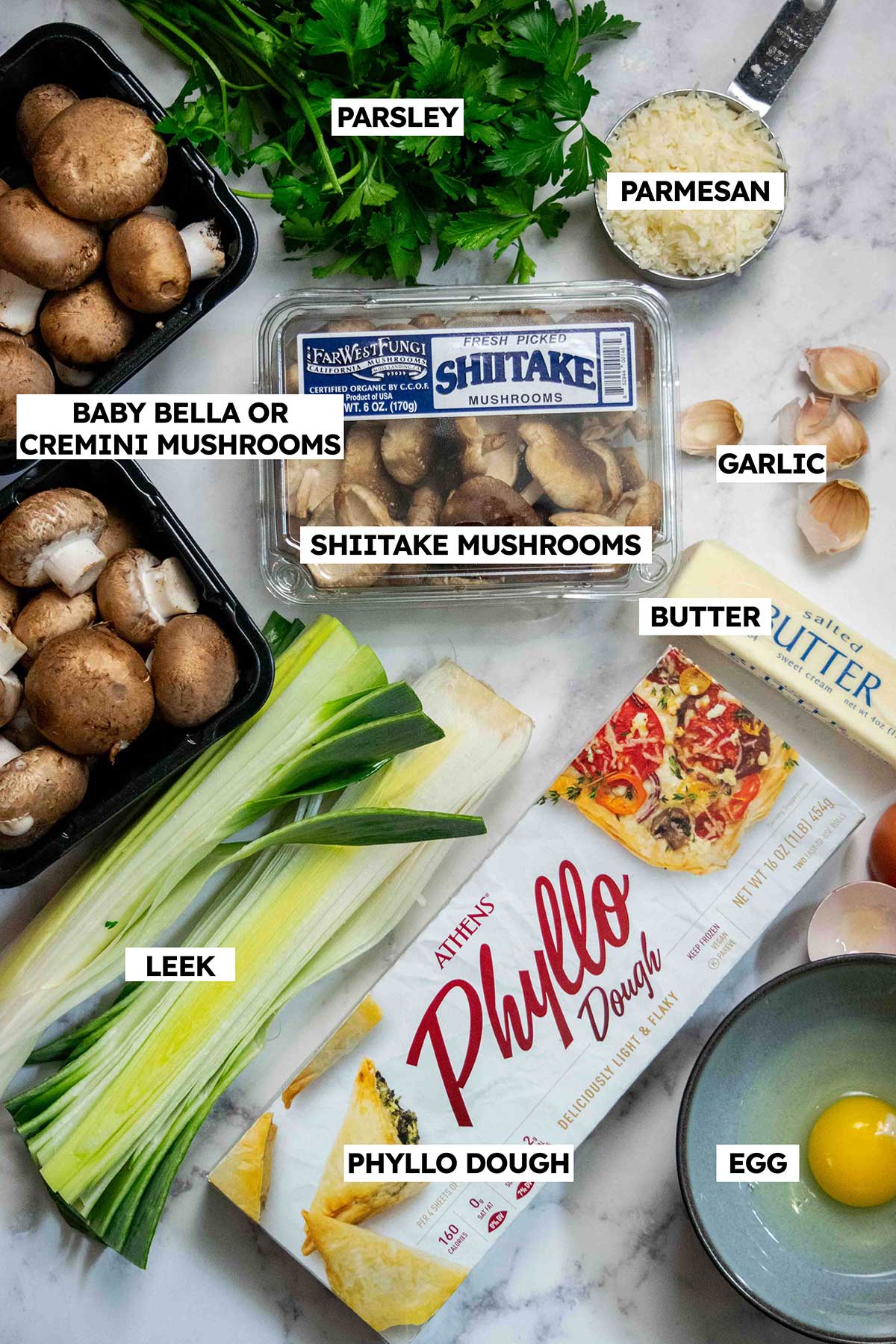 Vegetarian Strudel with Mushrooms and Leeks ingredients on a table.