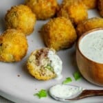 Crispy sauerkraut balls with bratwurst and sauerkraut filling, served with creamy whole grain mustard dipping sauce.