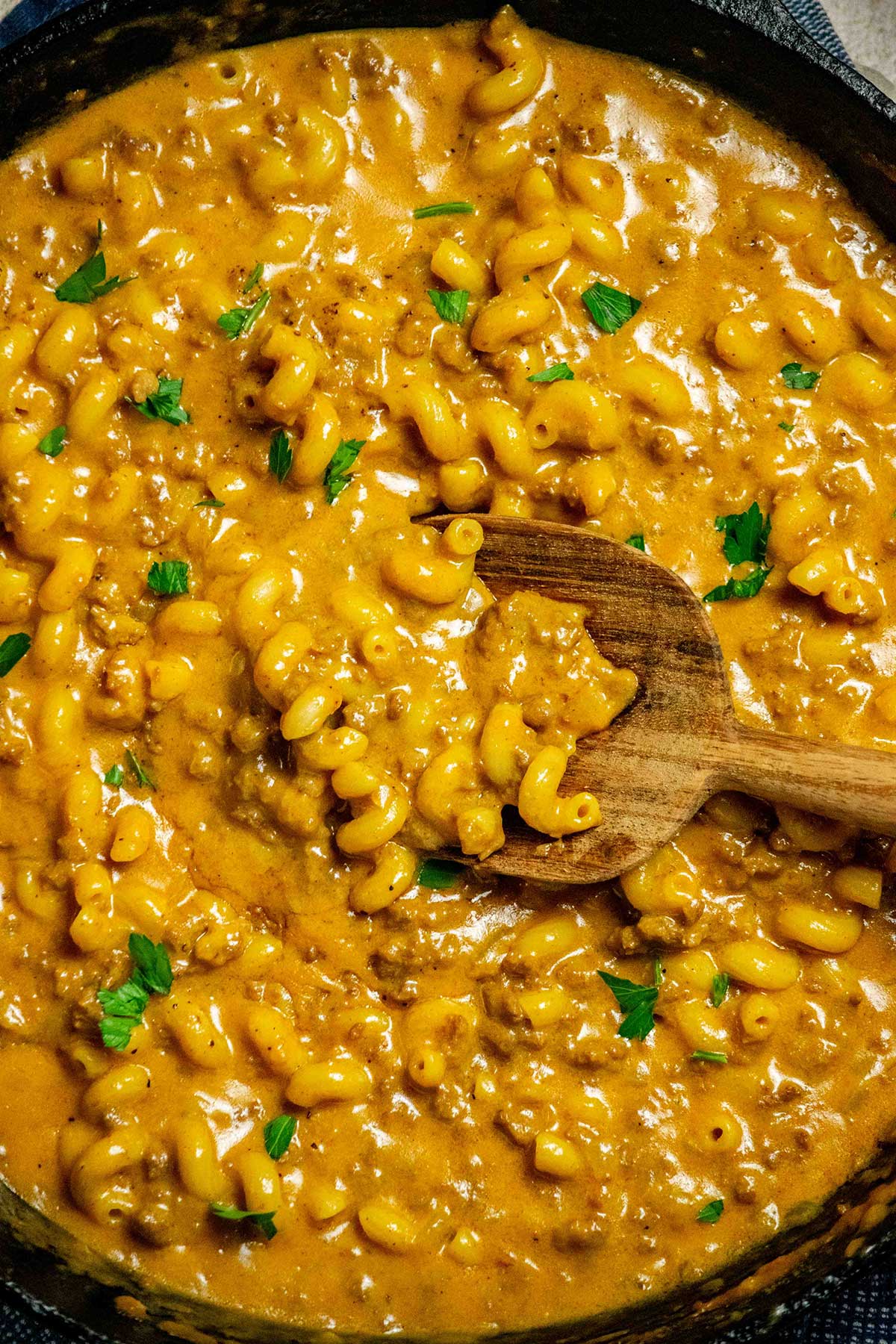 Spooning One Pot Cheeseburger Helper.