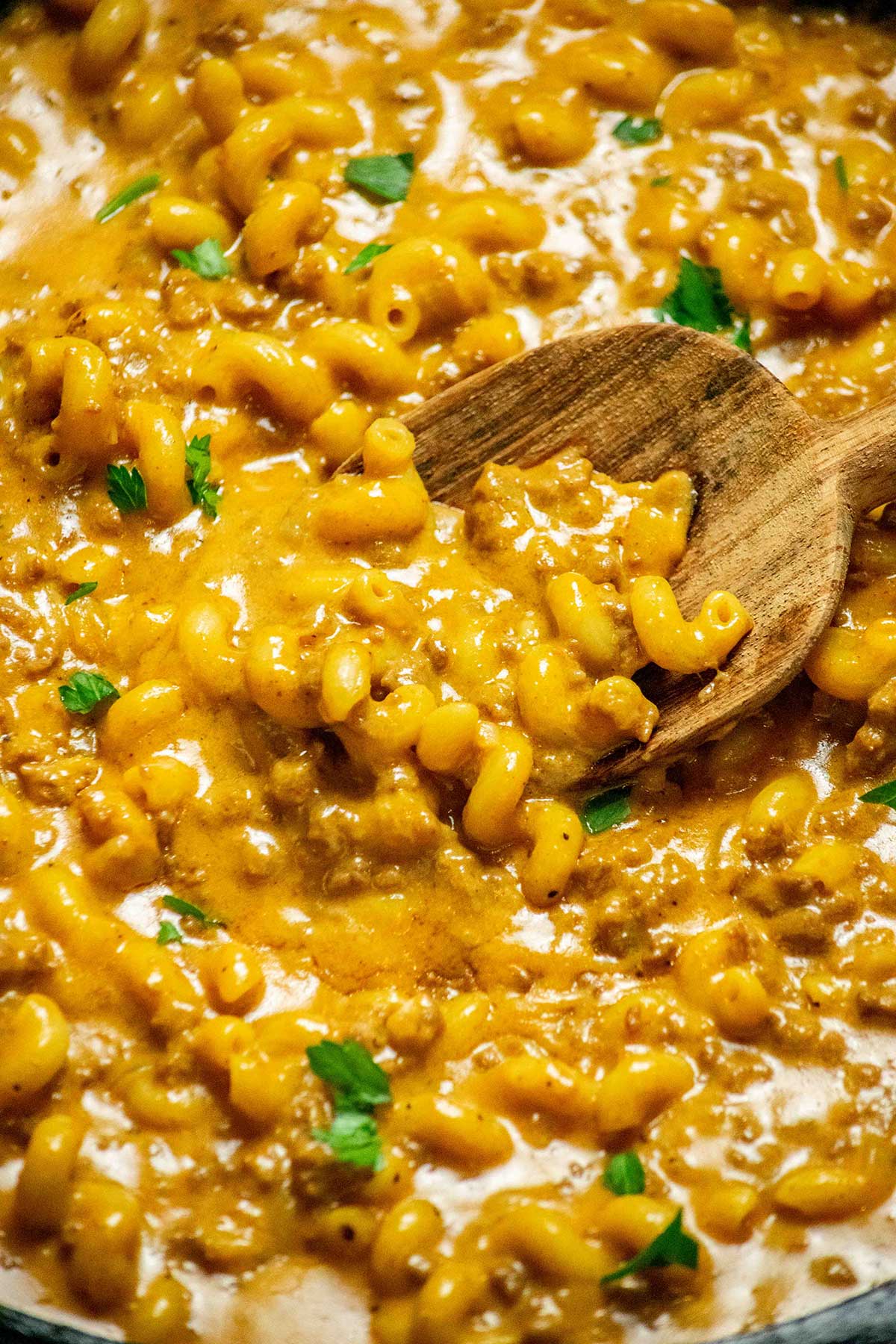 Spoon in One Pot Cheeseburger Helper.