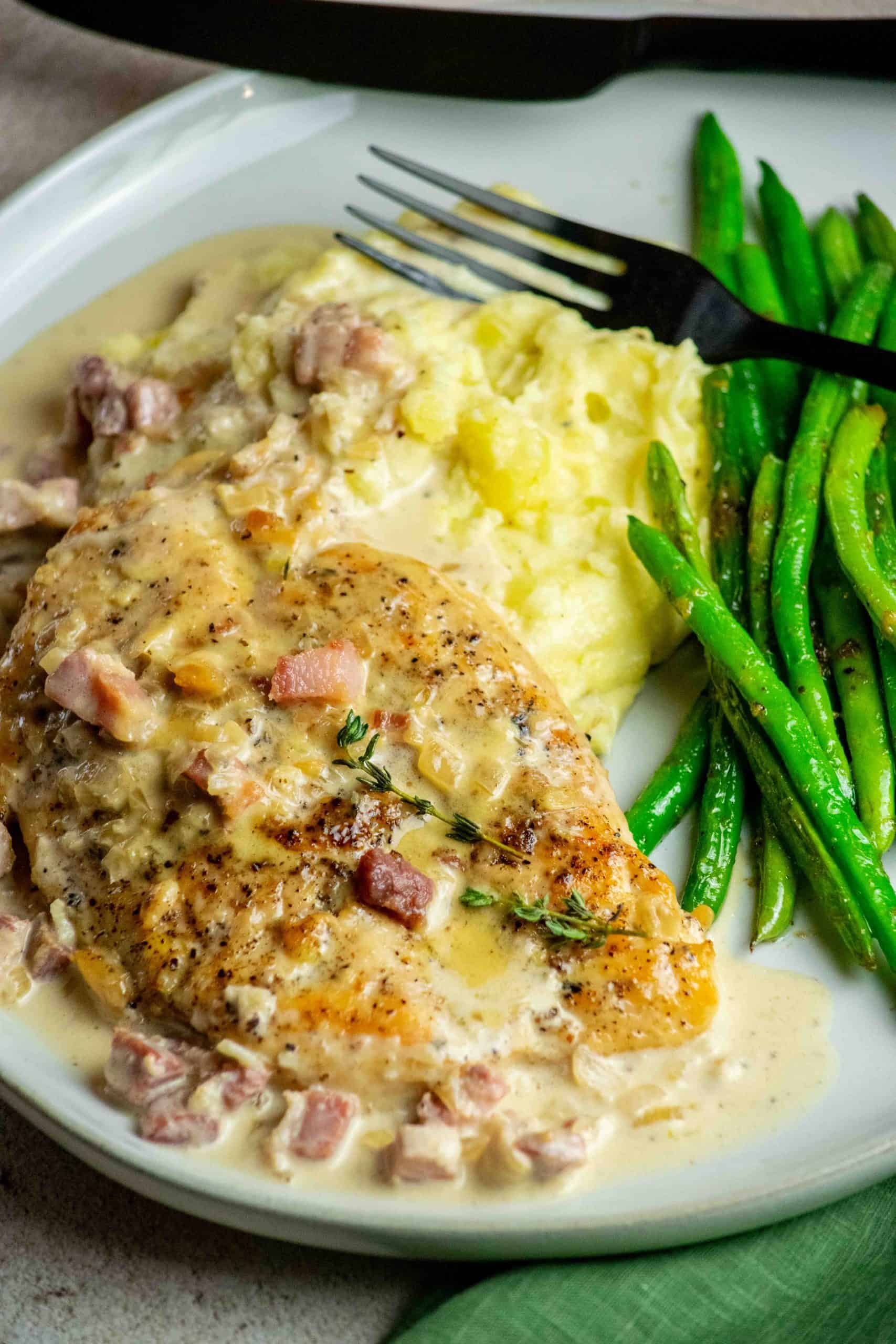 Tuscan Pancetta Chicken Breast in Garlic Cream Sauce with green beans and mashed potatoes