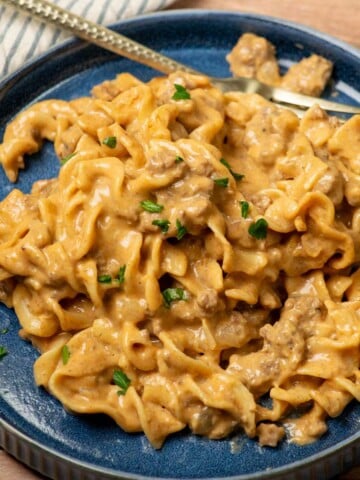 Homemade Hamburger Helper Beef Stroganoff with ground beef and egg noodles in a creamy sauce on a blue plate.