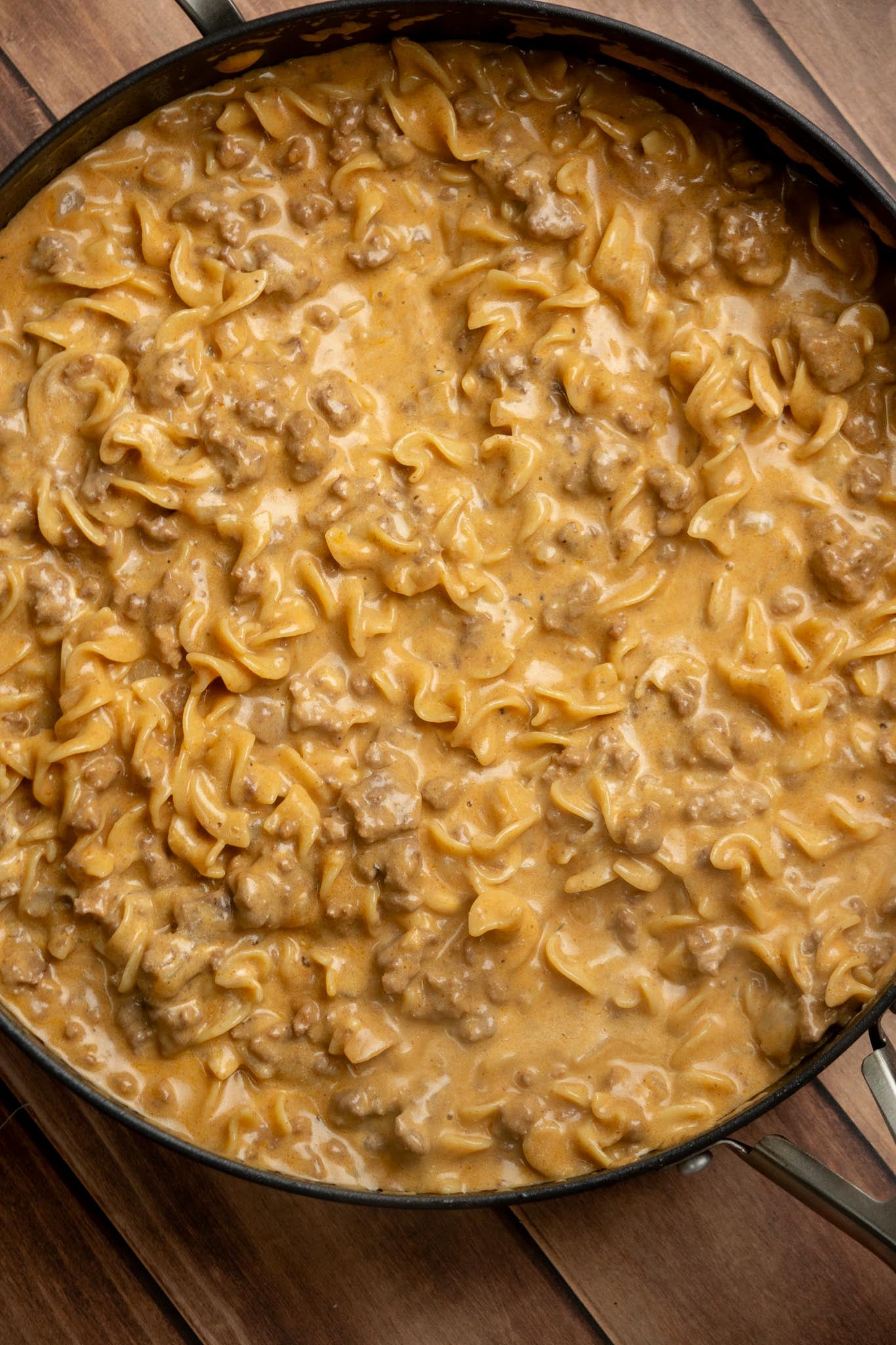 Homemade Hamburger Helper Beef Stroganoff with ground beef and egg noodles in a creamy sauce, cooked in one skillet.