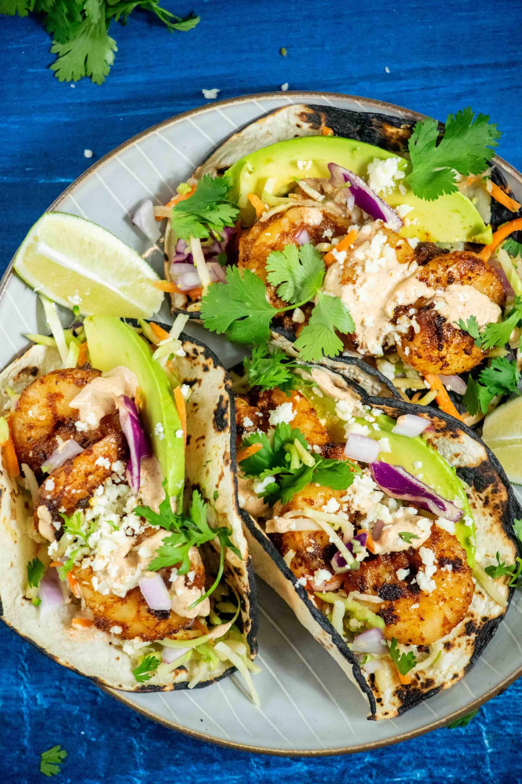 Baja Shrimp Tacos with Honey Lime Slaw and Spicy Baja Cream Sauce