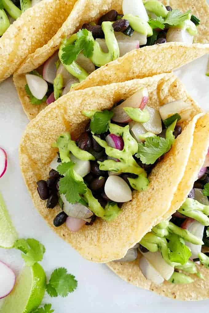 Radish and Black Bean Tacos with Avocado Crema