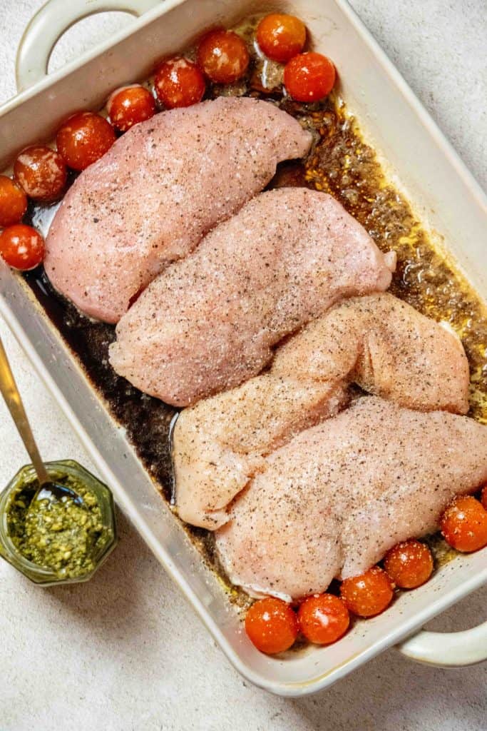 add the chicken and season with salt and pepper